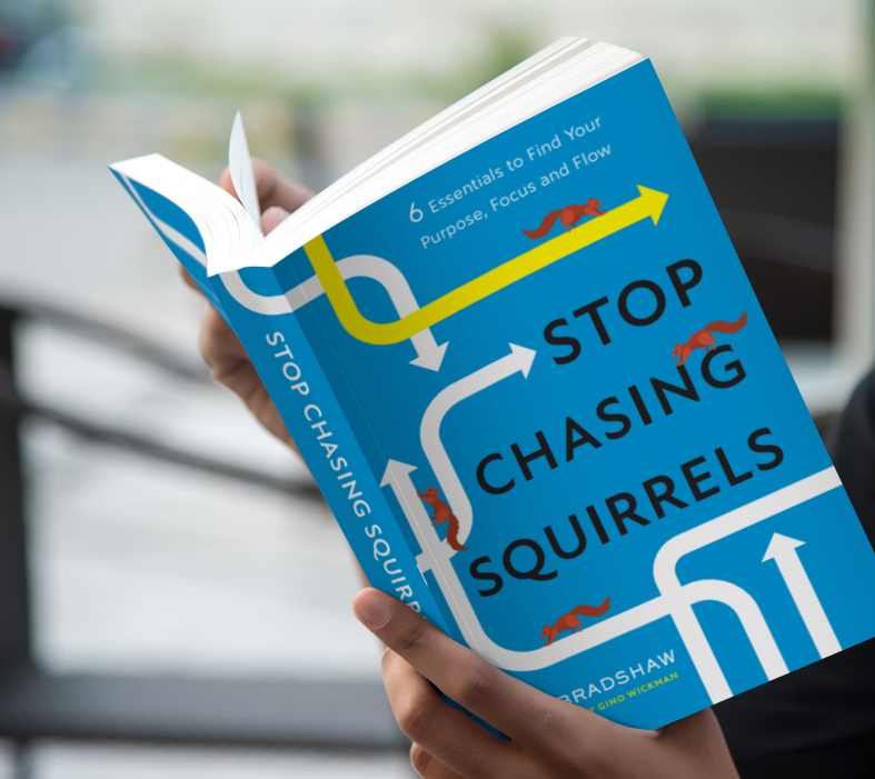 Image of book by Alberta author and leadership expert Ted Bradshaw. Book title is Stop Chasing Squirrels: 6 Essentials to Find Your Purpose, Focus and Flow 